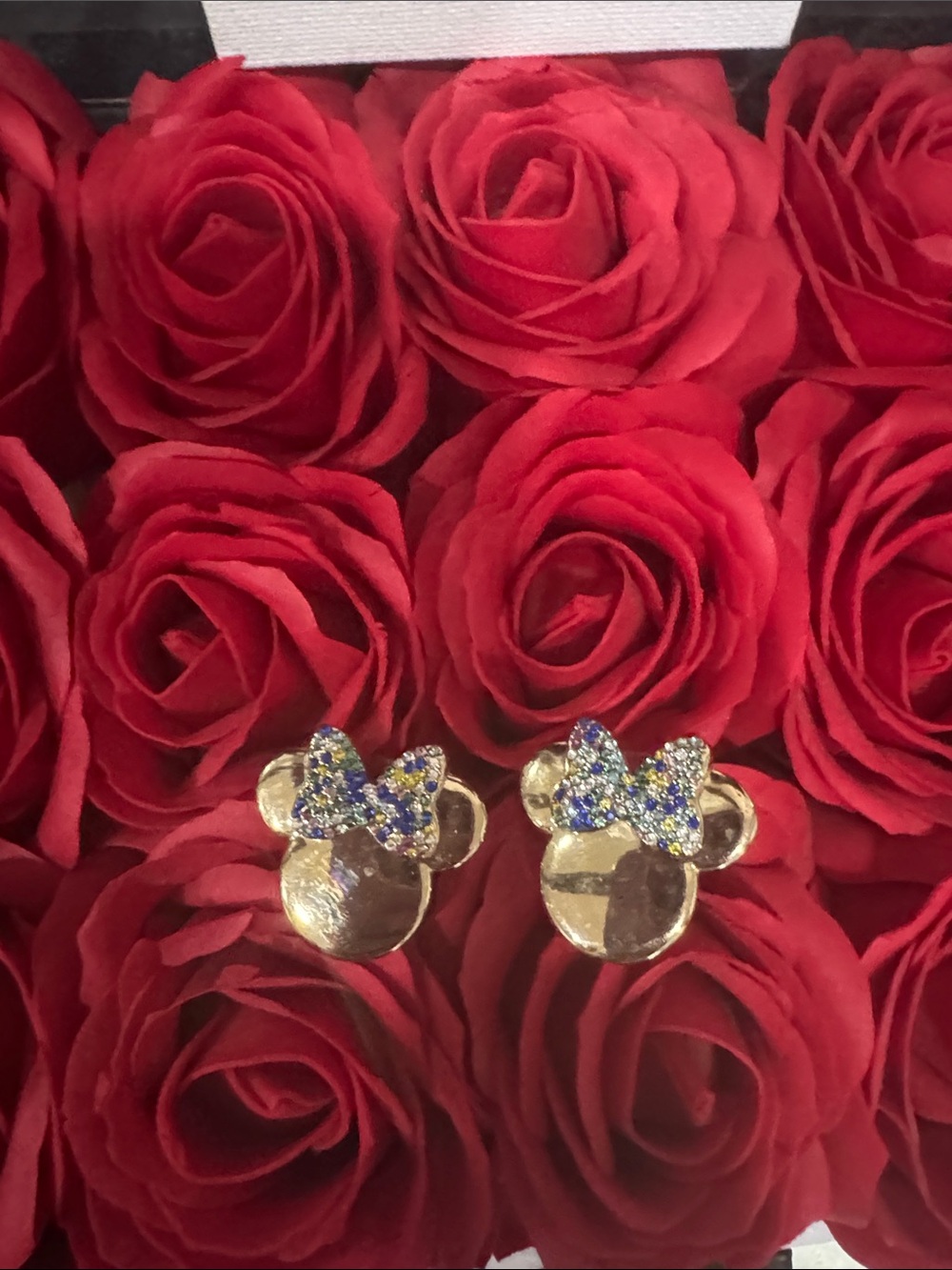 BaubleBar Disney Gold Minnie Bow Stud Earrings with Blue Glitter Bows